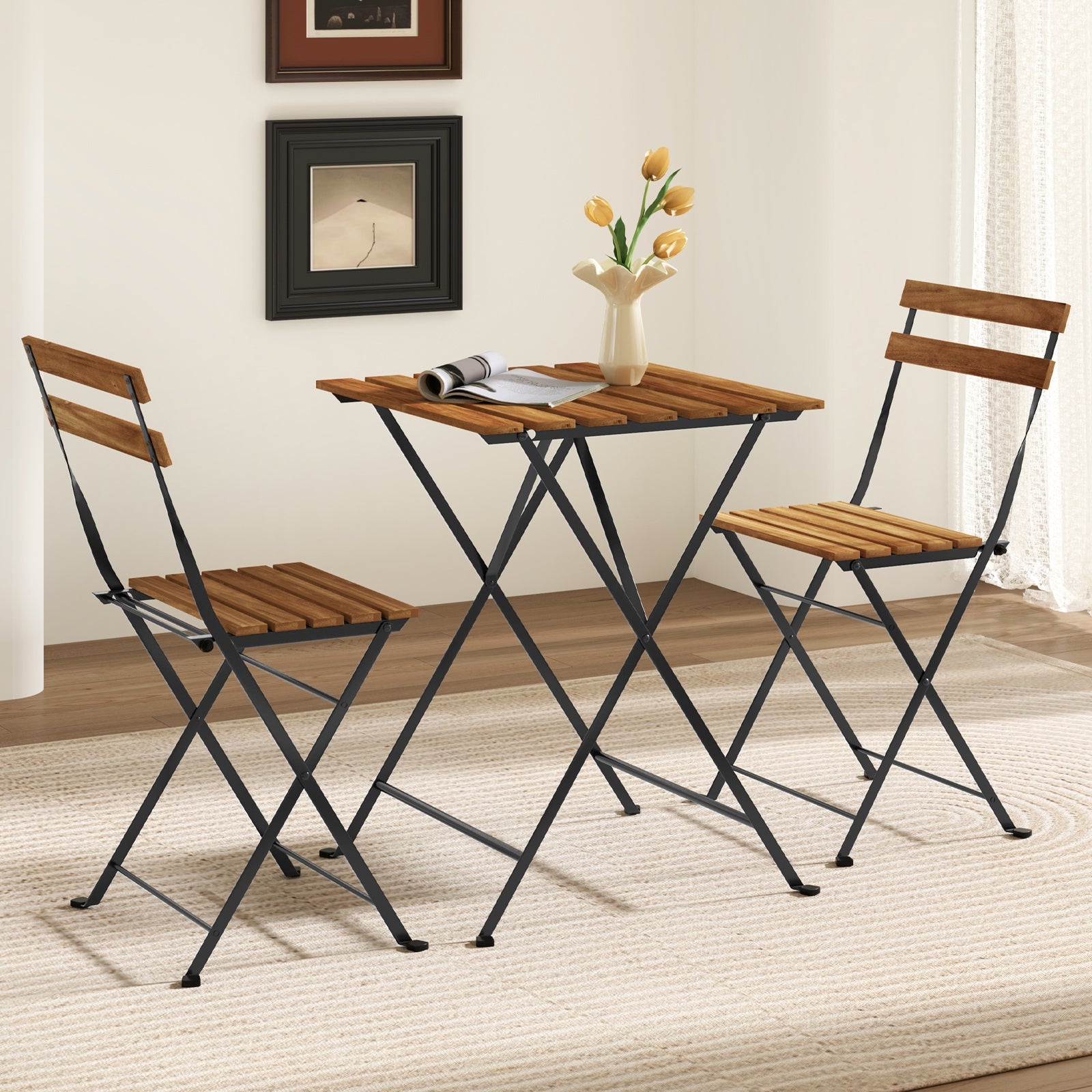 3 Piece Patio Acacia Wood Bistro Set with Slatted Seat and Tabletop, Brown Patio Dining Sets at Gallery Canada