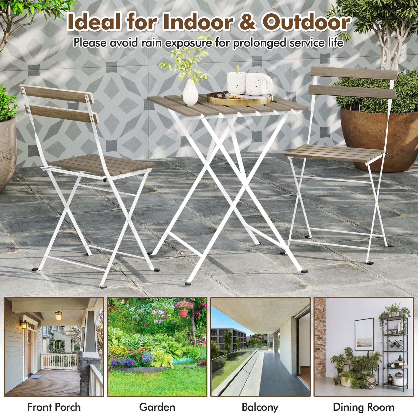 3 Piece Patio Acacia Wood Bistro Set with Slatted Seat and Tabletop, Gray Patio Dining Sets at Gallery Canada