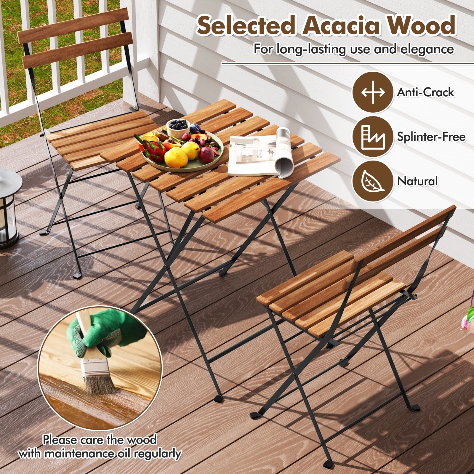 3 Piece Patio Acacia Wood Bistro Set with Slatted Seat and Tabletop, Brown Patio Dining Sets at Gallery Canada