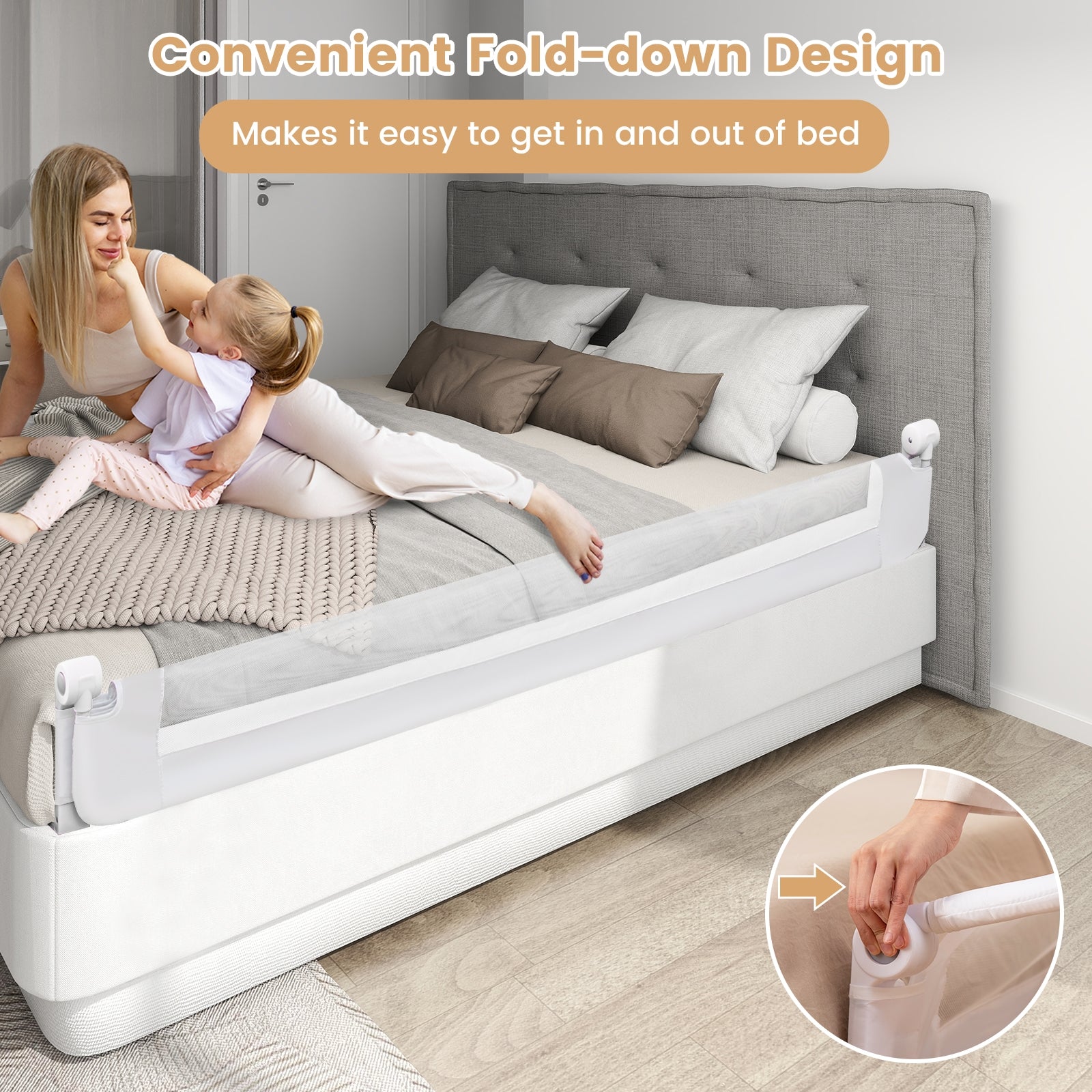 71-Inch Foldable Bed Rail Swing Down Baby Bed Guard Rail with Adjustable Safety Strap, White Bed Rails at Gallery Canada