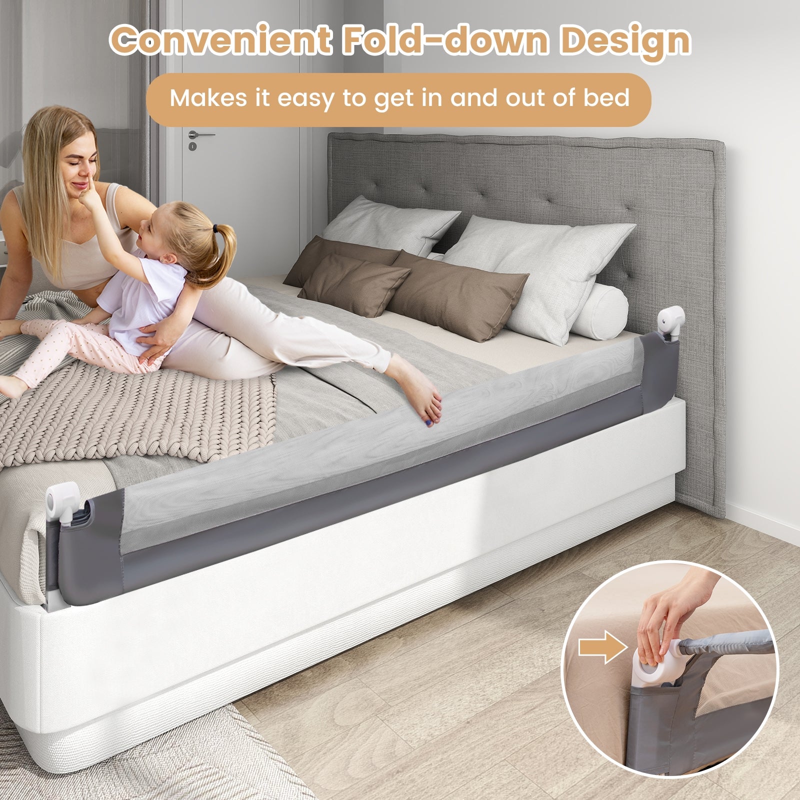 71-Inch Foldable Bed Rail Swing Down Baby Bed Guard Rail with Adjustable Safety Strap, Gray Bed Rails at Gallery Canada