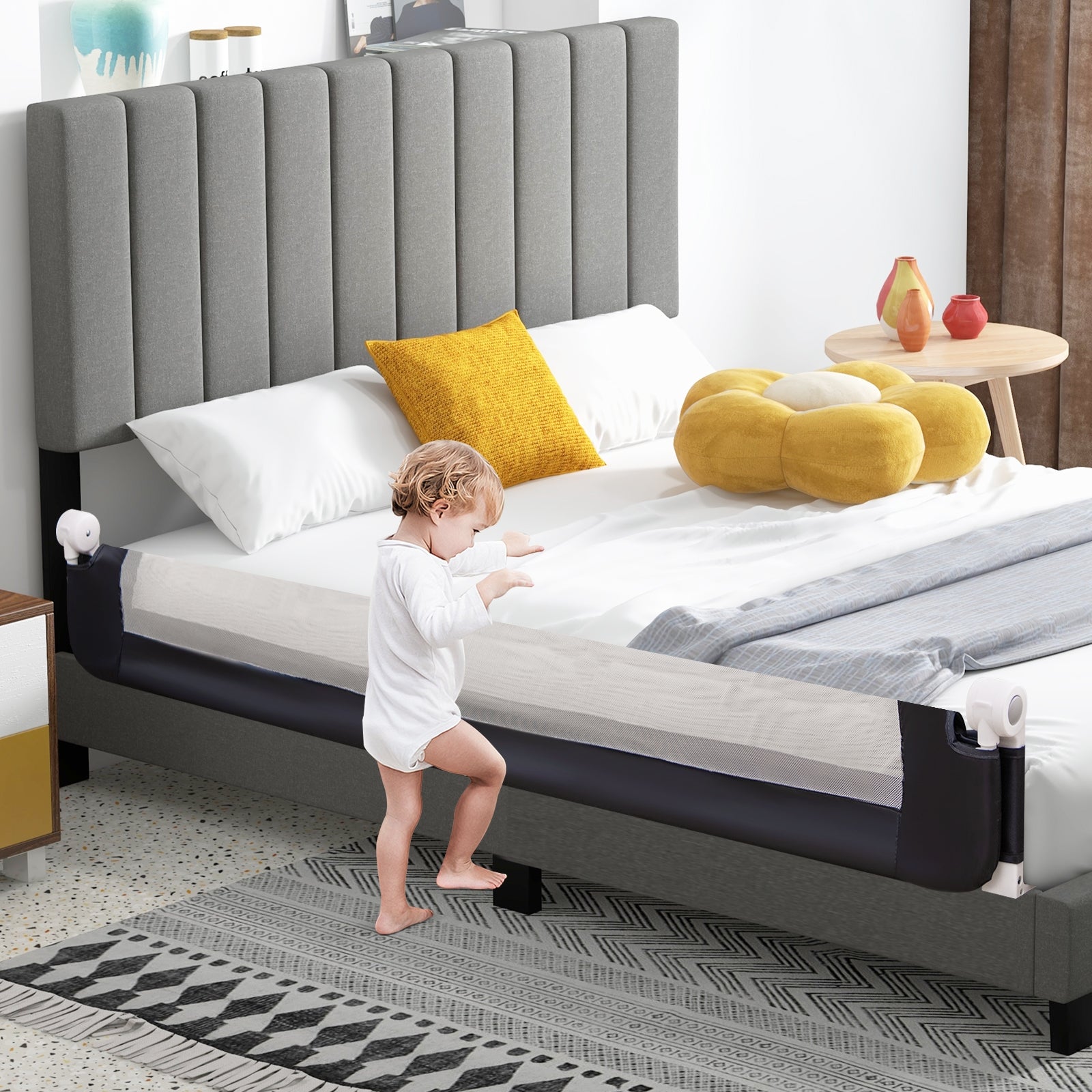71-Inch Foldable Bed Rail Swing Down Baby Bed Guard Rail with Adjustable Safety Strap, Blue Bed Rails at Gallery Canada