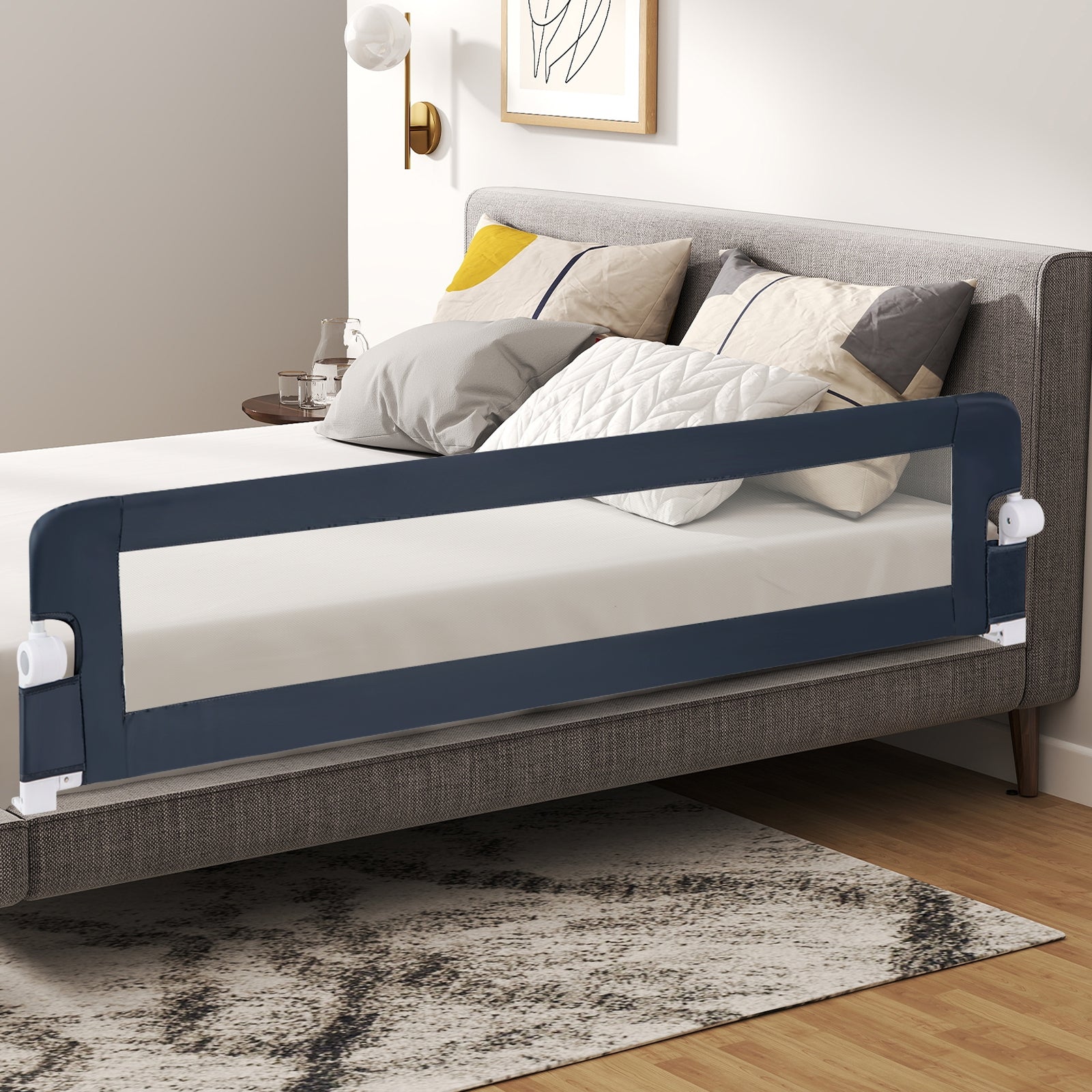71-Inch Foldable Bed Rail Swing Down Baby Bed Guard Rail with Adjustable Safety Strap, Blue Bed Rails at Gallery Canada