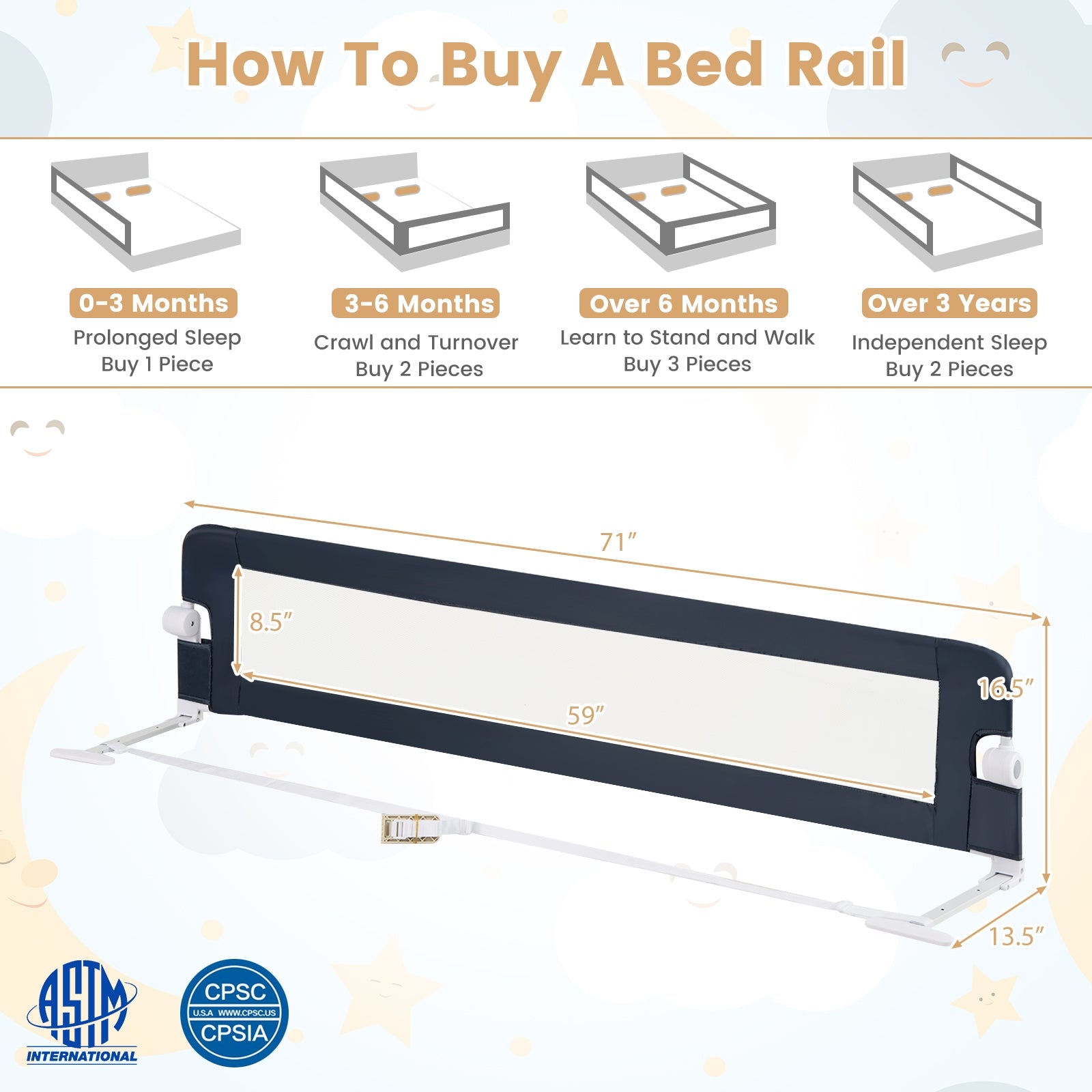 71-Inch Foldable Bed Rail Swing Down Baby Bed Guard Rail with Adjustable Safety Strap, Blue Bed Rails at Gallery Canada