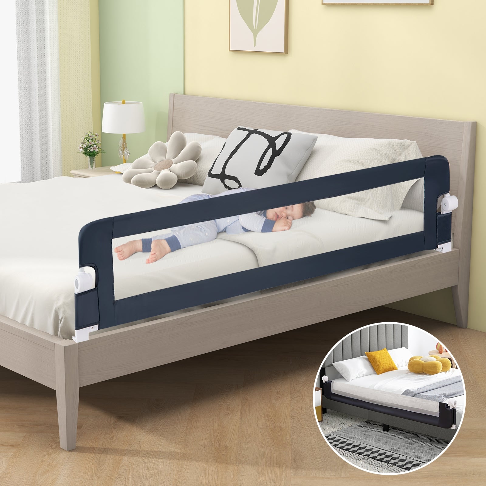 71-Inch Foldable Bed Rail Swing Down Baby Bed Guard Rail with Adjustable Safety Strap, Blue Bed Rails at Gallery Canada