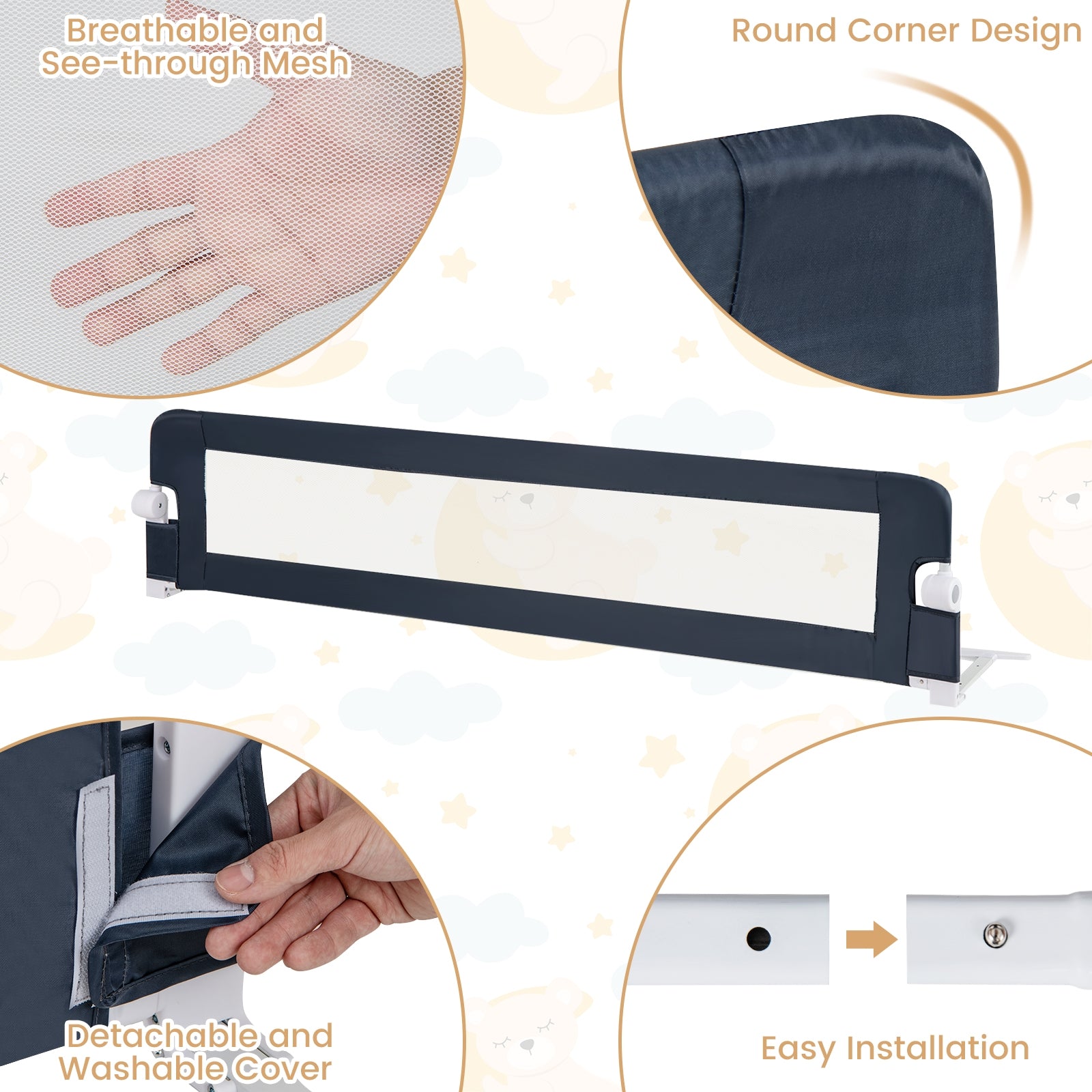 71-Inch Foldable Bed Rail Swing Down Baby Bed Guard Rail with Adjustable Safety Strap, Blue Bed Rails at Gallery Canada