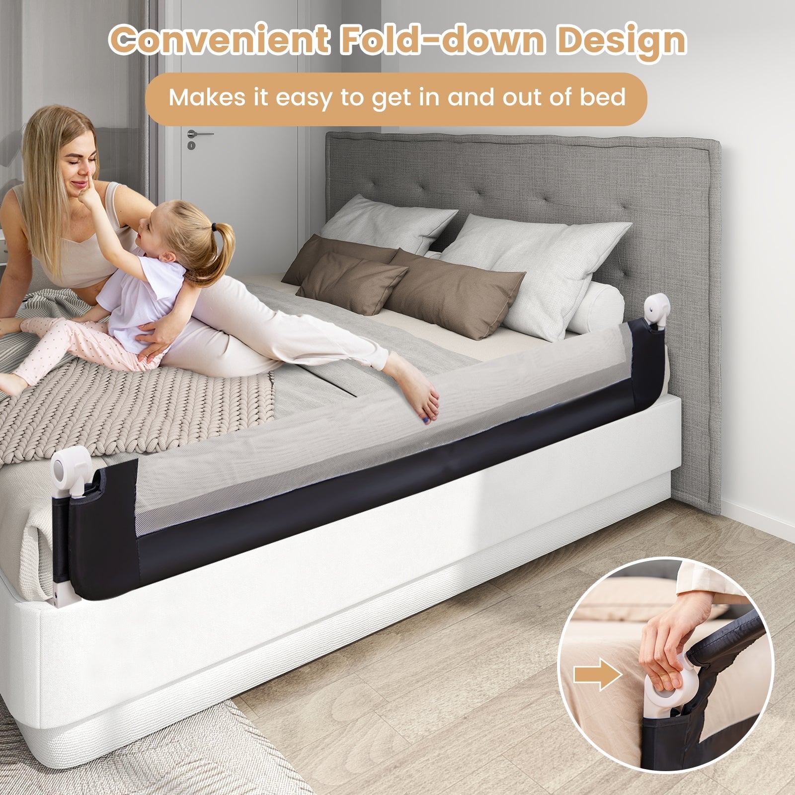 71-Inch Foldable Bed Rail Swing Down Baby Bed Guard Rail with Adjustable Safety Strap, Blue Bed Rails at Gallery Canada
