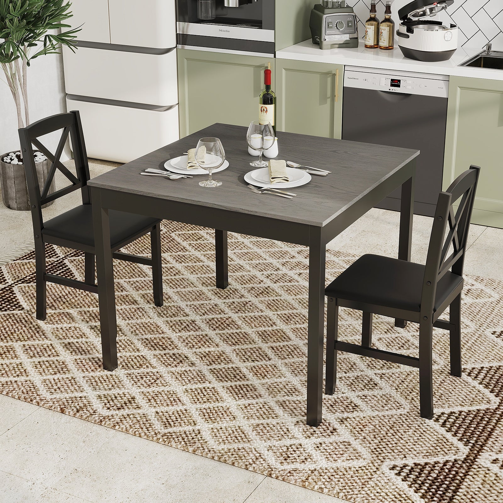 3-Piece Dining Table Set Wooden Square Kitchen Table for 2 People, Gray Dining Room Sets at Gallery Canada