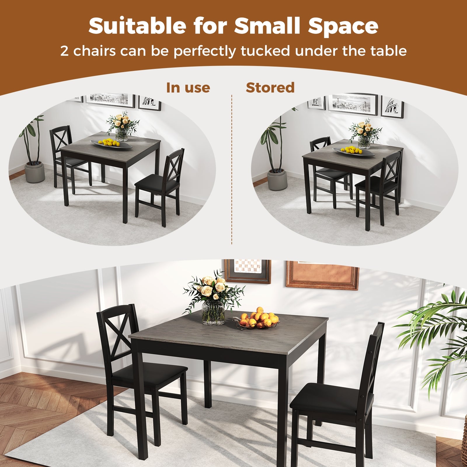 3-Piece Dining Table Set Wooden Square Kitchen Table for 2 People, Gray Dining Room Sets at Gallery Canada