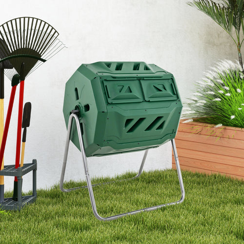 43 Gallon Rotating Compost Bin Barrel with Dual Chamber and Sliding Doors, Green