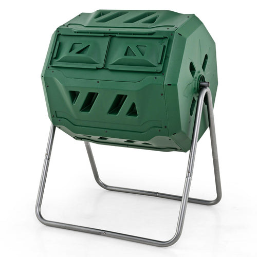 43 Gallon Rotating Compost Bin Barrel with Dual Chamber and Sliding Doors, Green
