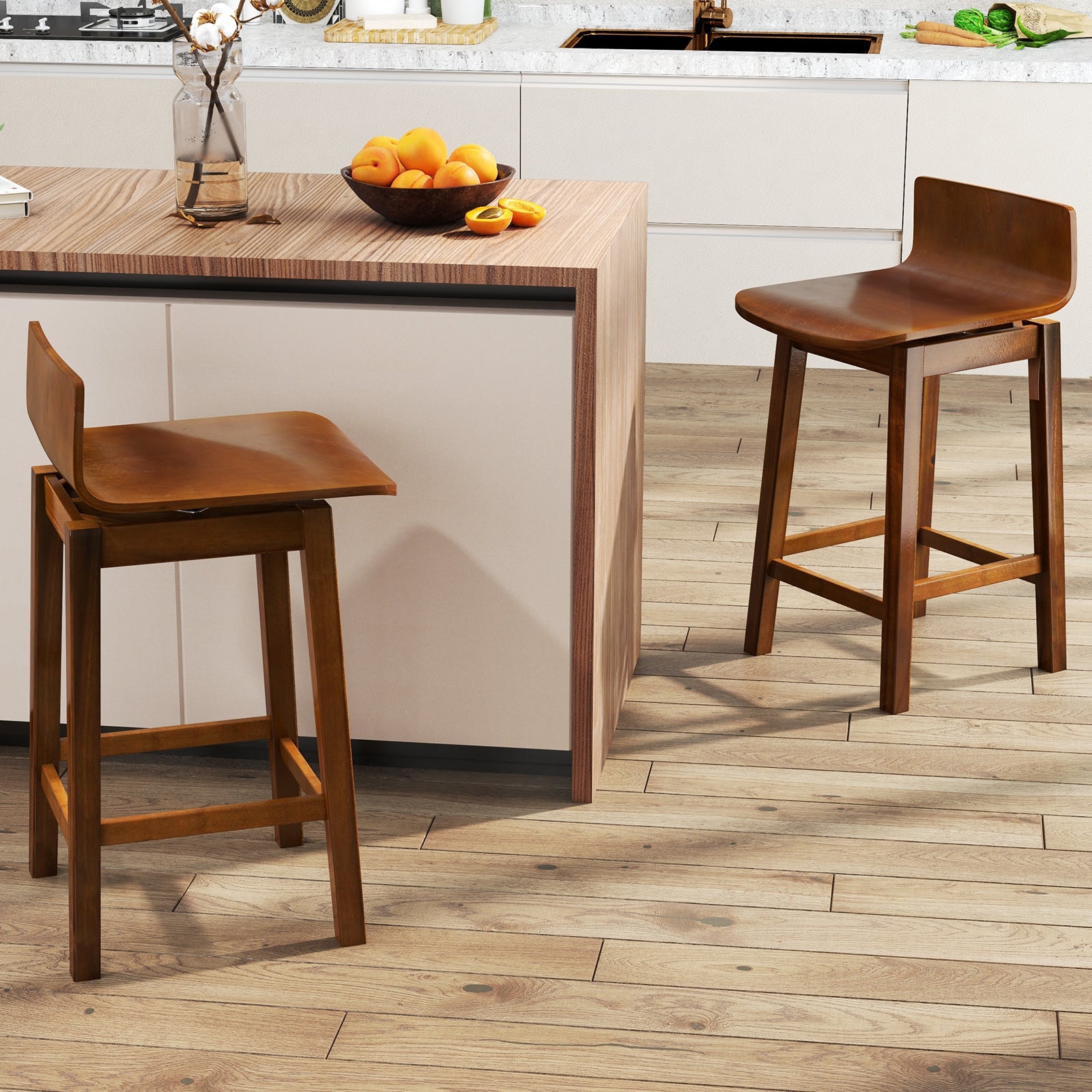 24.5 Inch Swivel Wooden Bar Stools Set of 2 with Rubber Wood Legs and Low Back, Walnut Bar Stools at Gallery Canada