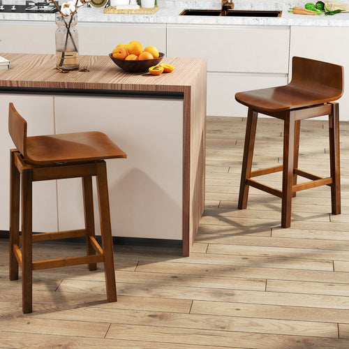 24.5 Inch Swivel Wooden Bar Stools Set of 2 with Rubber Wood Legs and Low Back, Walnut