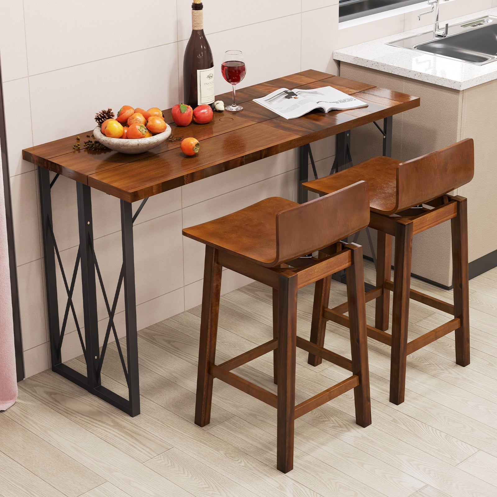 24.5 Inch Swivel Wooden Bar Stools Set of 2 with Rubber Wood Legs and Low Back, Walnut Bar Stools at Gallery Canada