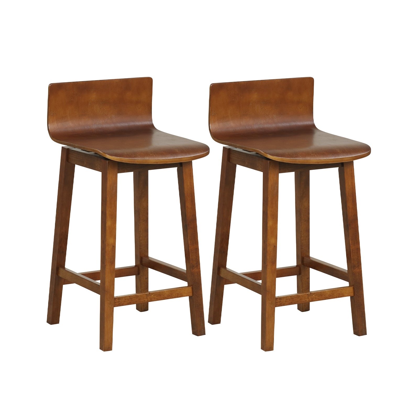 24.5 Inch Swivel Wooden Bar Stools Set of 2 with Rubber Wood Legs and Low Back, Walnut Bar Stools Walnut at Gallery Canada