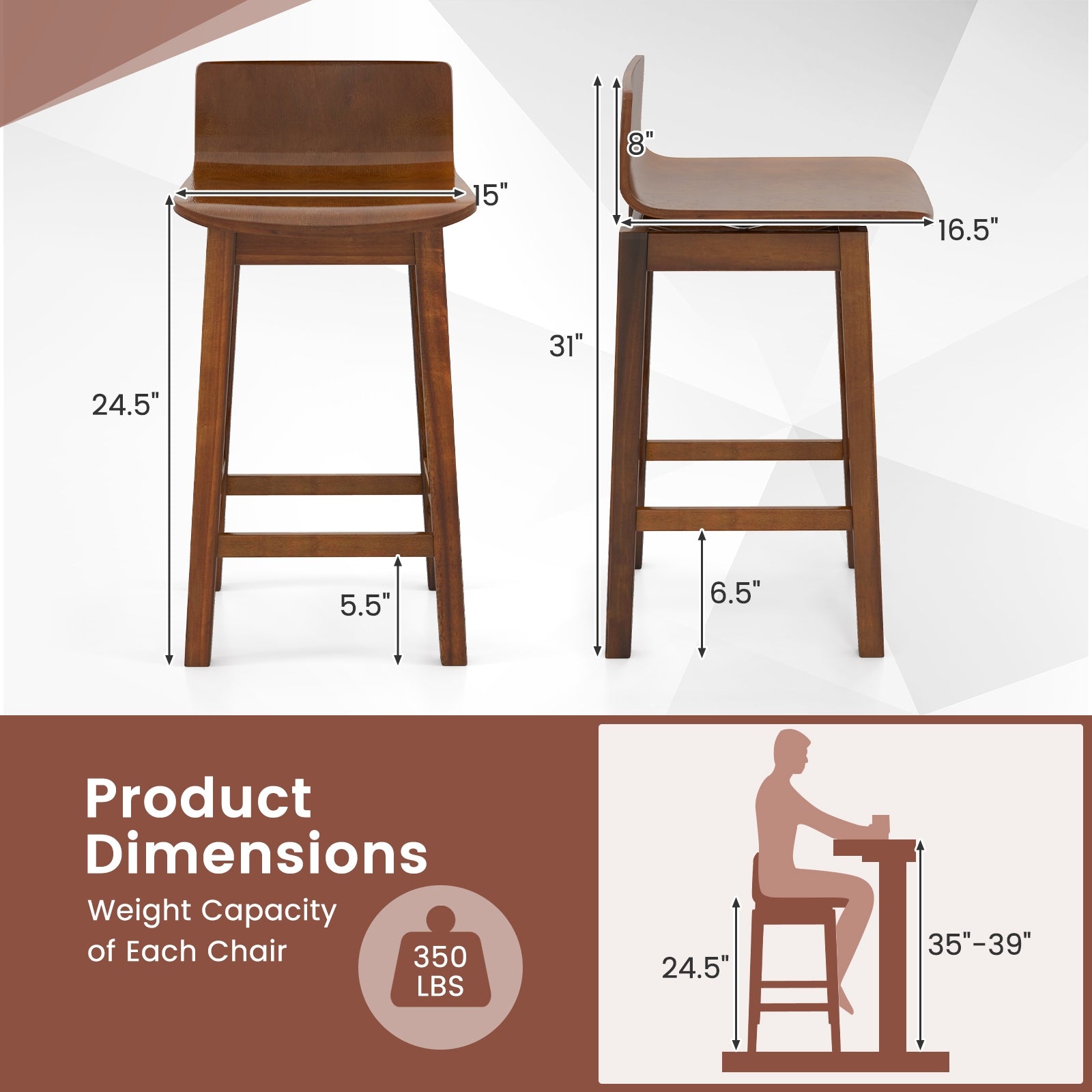 24.5 Inch Swivel Wooden Bar Stools Set of 2 with Rubber Wood Legs and Low Back, Walnut Bar Stools at Gallery Canada