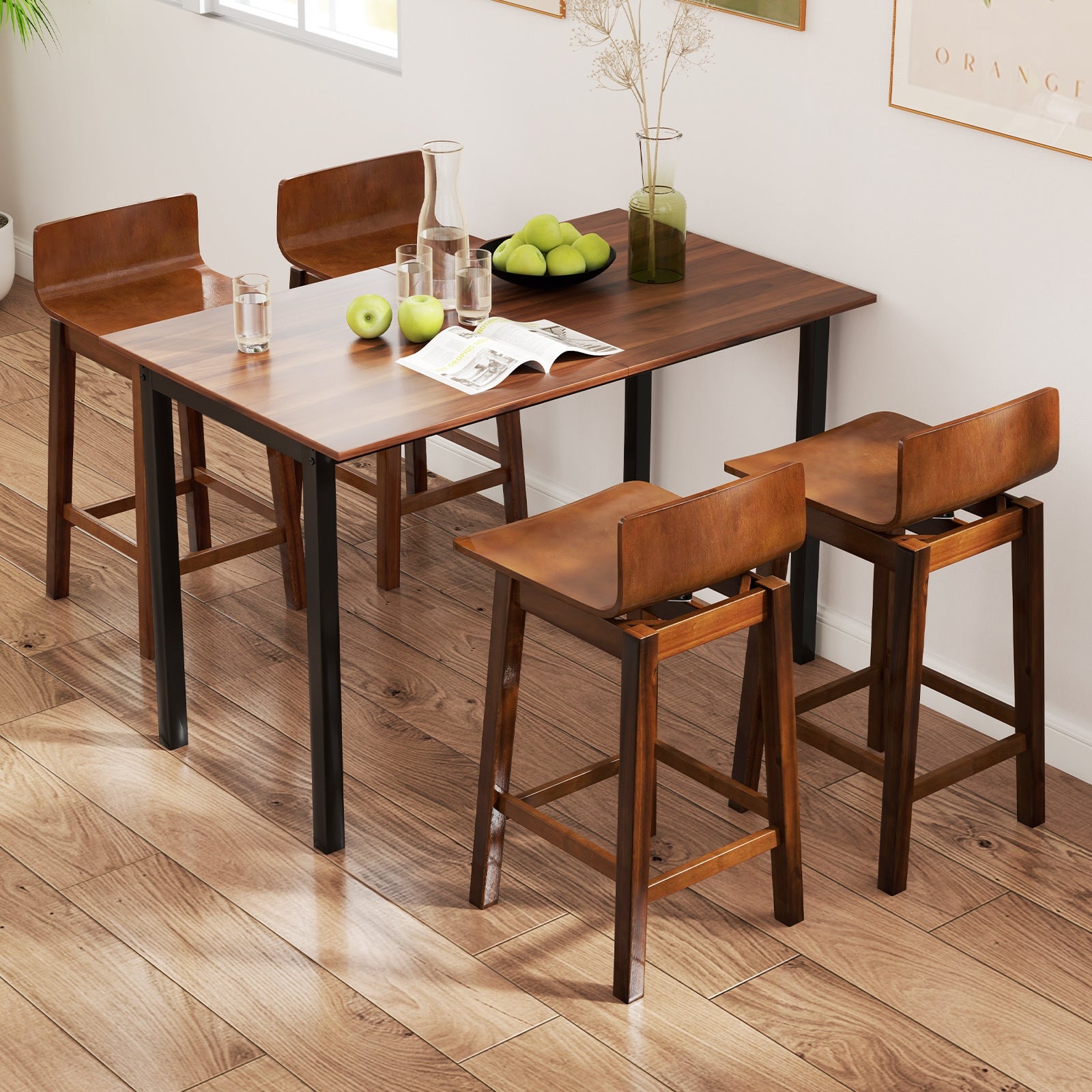 24.5 Inch Swivel Wooden Bar Stools Set of 2 with Rubber Wood Legs and Low Back, Walnut Bar Stools at Gallery Canada