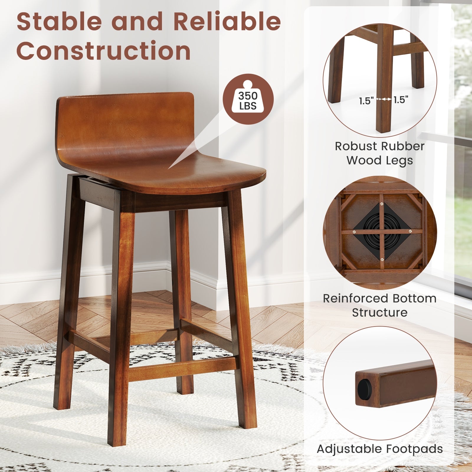 24.5 Inch Swivel Wooden Bar Stools Set of 2 with Rubber Wood Legs and Low Back, Walnut Bar Stools at Gallery Canada