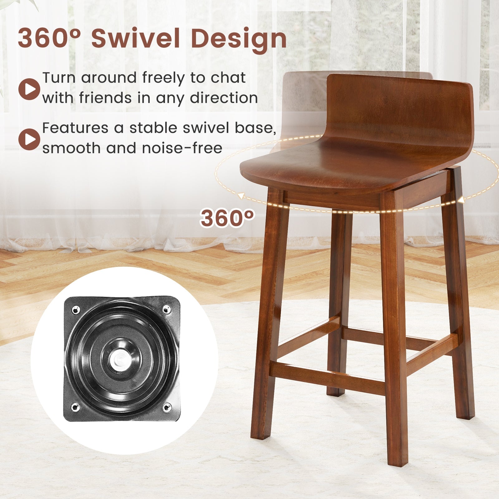 24.5 Inch Swivel Wooden Bar Stools Set of 2 with Rubber Wood Legs and Low Back, Walnut Bar Stools at Gallery Canada