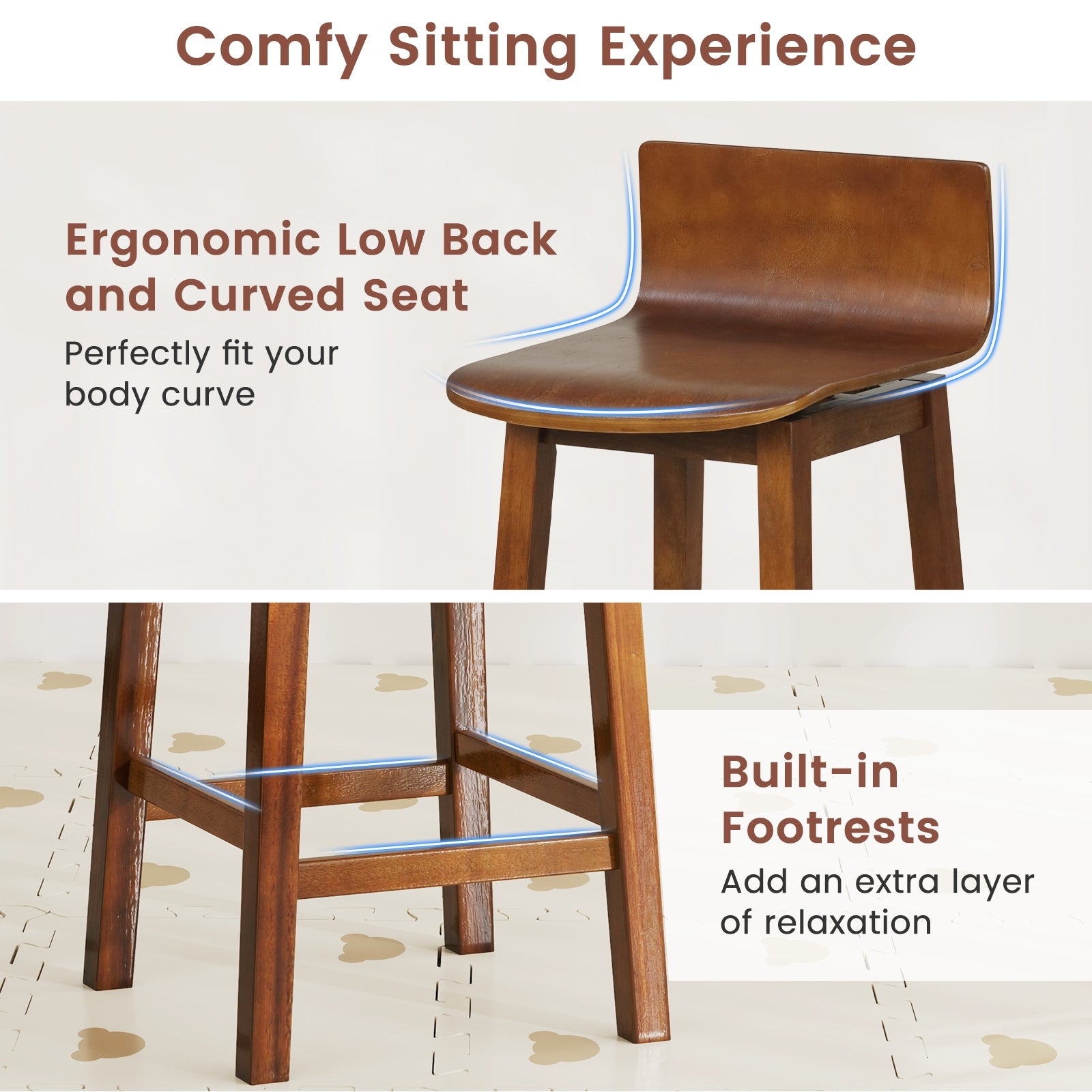 24.5 Inch Swivel Wooden Bar Stools Set of 2 with Rubber Wood Legs and Low Back, Walnut Bar Stools at Gallery Canada