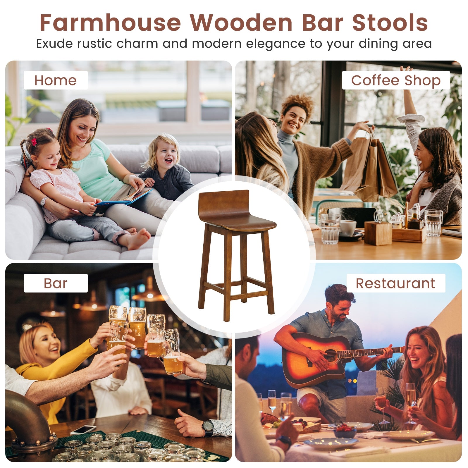 24.5 Inch Swivel Wooden Bar Stools Set of 2 with Rubber Wood Legs and Low Back, Walnut Bar Stools at Gallery Canada