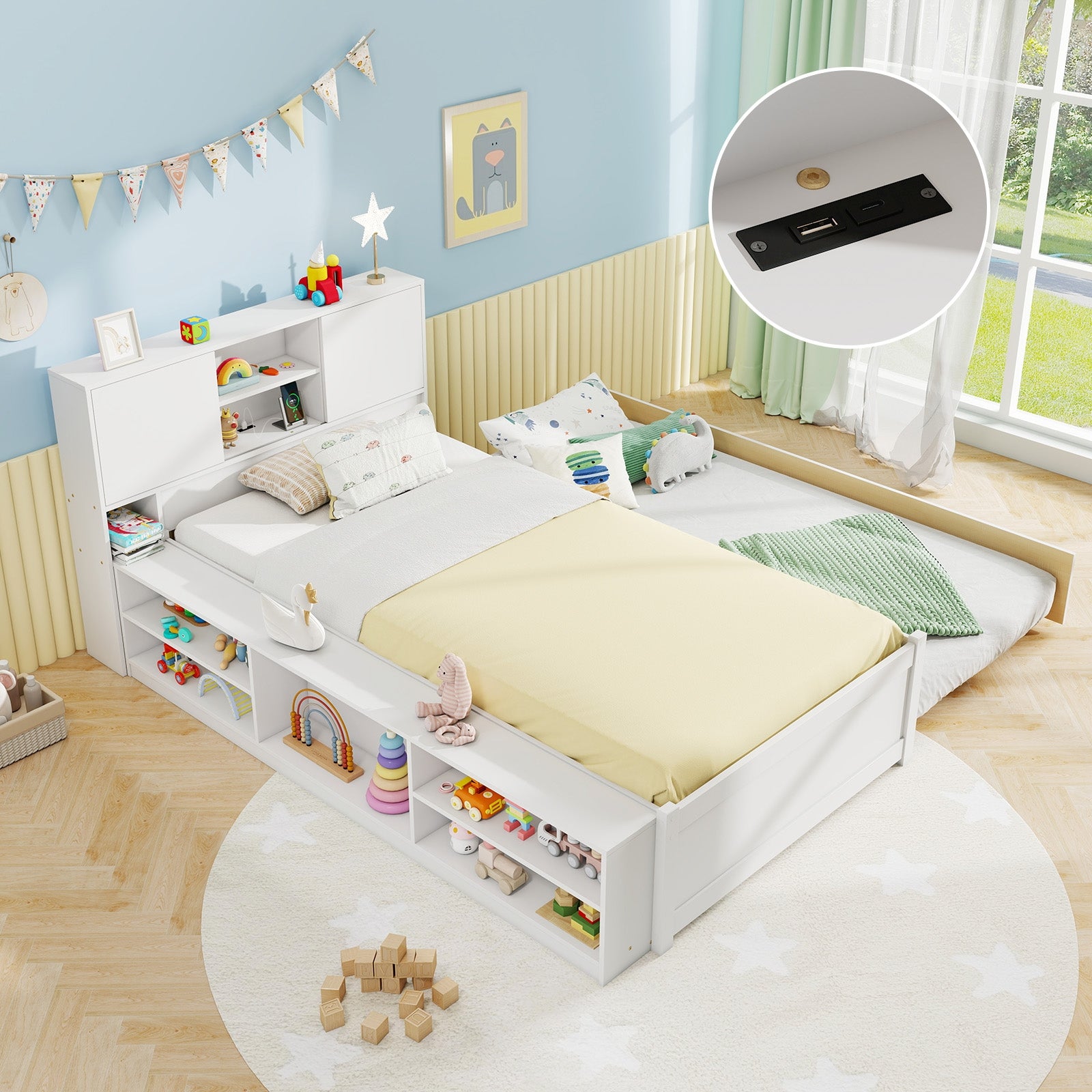 Twin Size Bed Frame with Trundle and Power Outlets, White Trundle Bed Frame at Gallery Canada