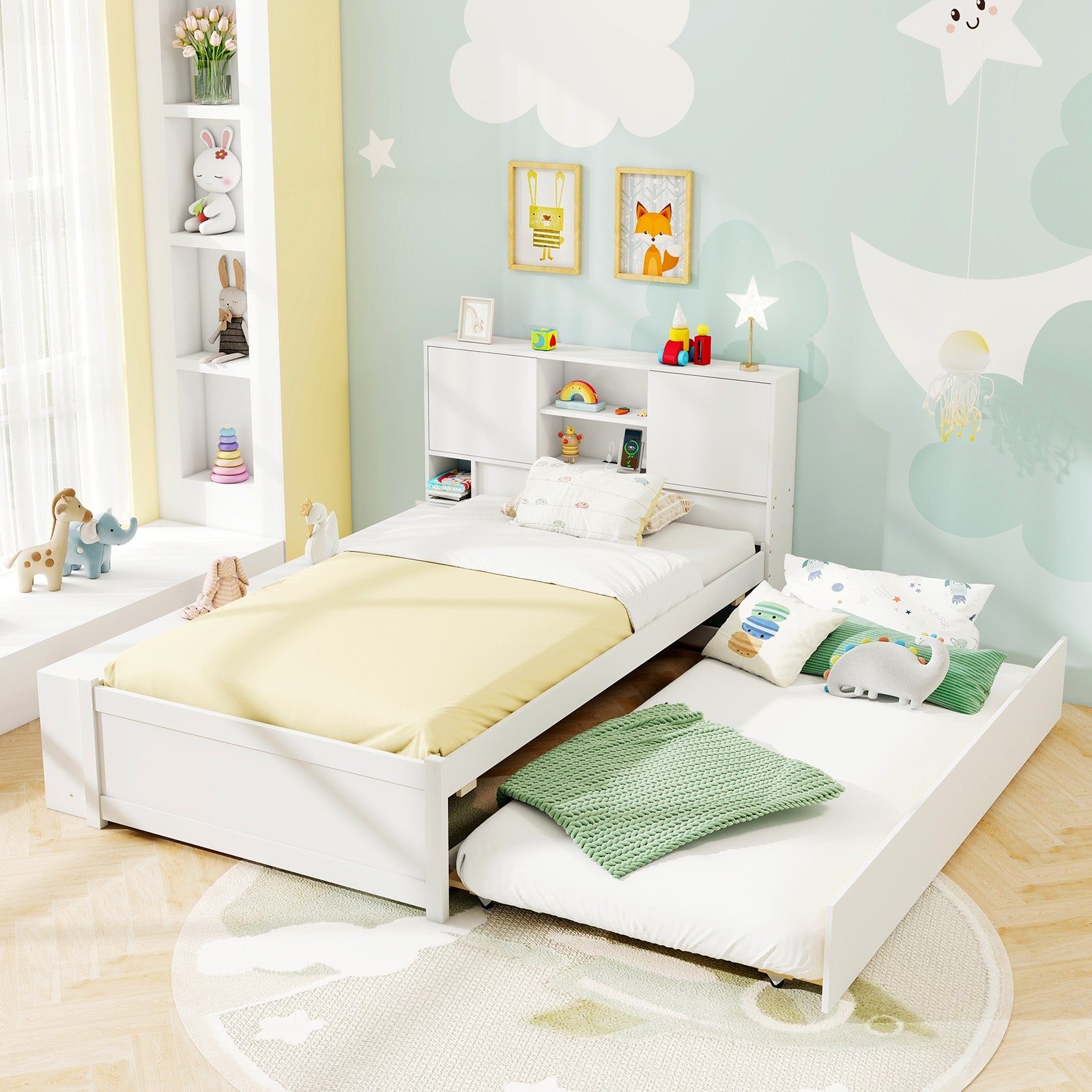 Twin Size Bed Frame with Trundle and Power Outlets, White Trundle Bed Frame at Gallery Canada