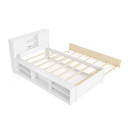 Twin Size Bed Frame with Trundle and Power Outlets, White