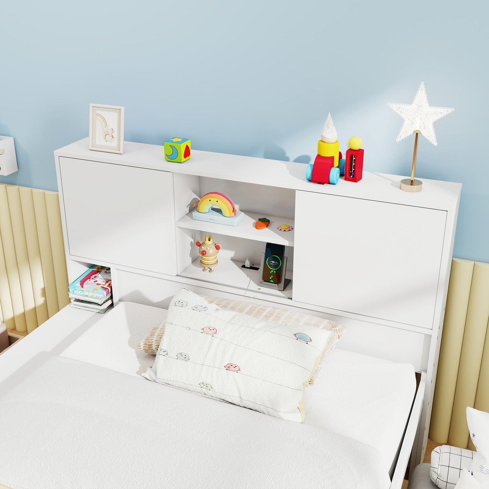 Twin Size Bed Frame with Trundle and Power Outlets, White Trundle Bed Frame at Gallery Canada