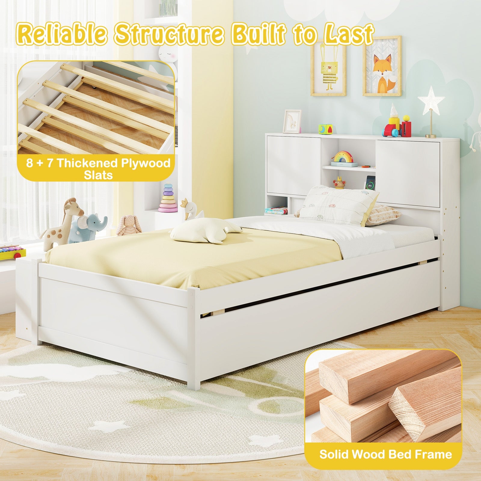 Twin Size Bed Frame with Trundle and Power Outlets, White Trundle Bed Frame at Gallery Canada
