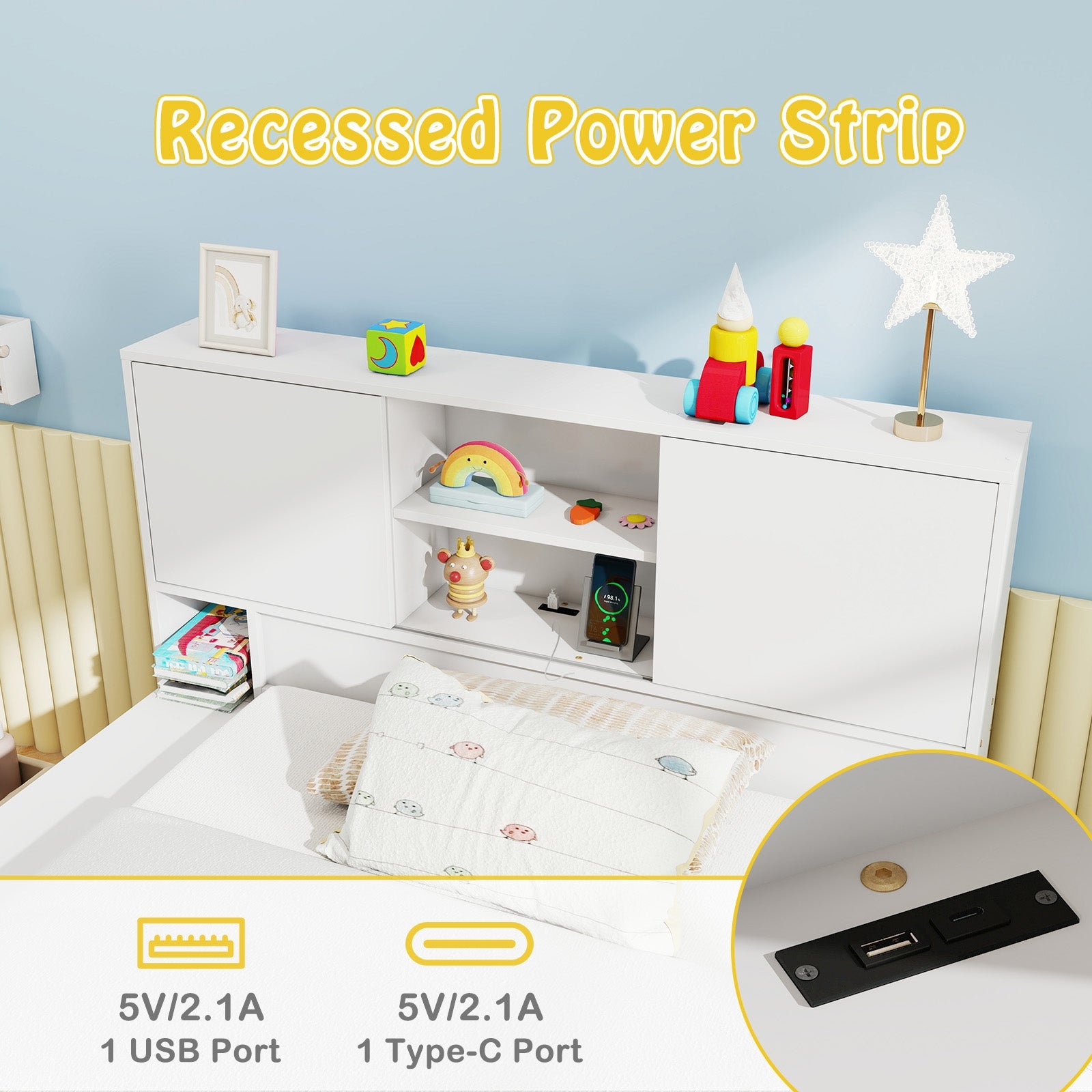 Twin Size Bed Frame with Trundle and Power Outlets, White Trundle Bed Frame at Gallery Canada