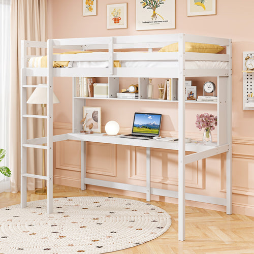 Twin Size Loft Bed with Desk and Shelves for Home Dorm Apartment No Box Spring Needed, White