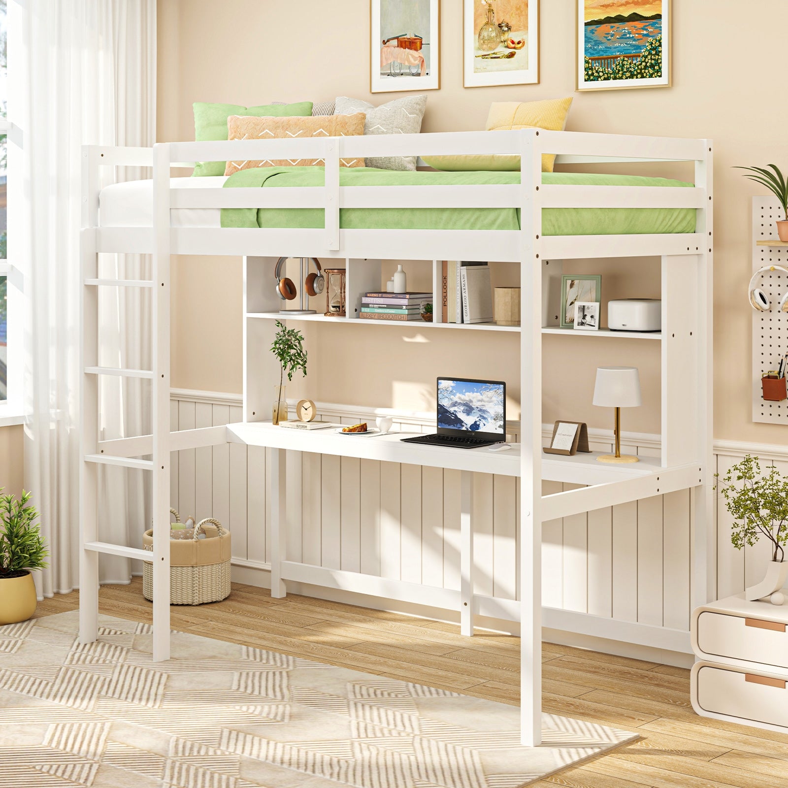 Twin Size Loft Bed with Desk and Shelves for Home Dorm Apartment No Box Spring Needed, White Simple Bed Frame at Gallery Canada