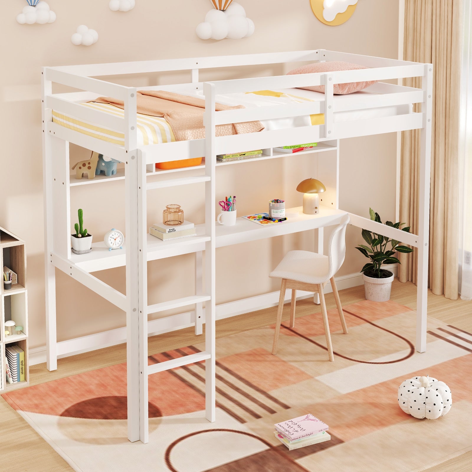 Twin Size Loft Bed with Desk and Shelves for Home Dorm Apartment No Box Spring Needed, White Simple Bed Frame at Gallery Canada