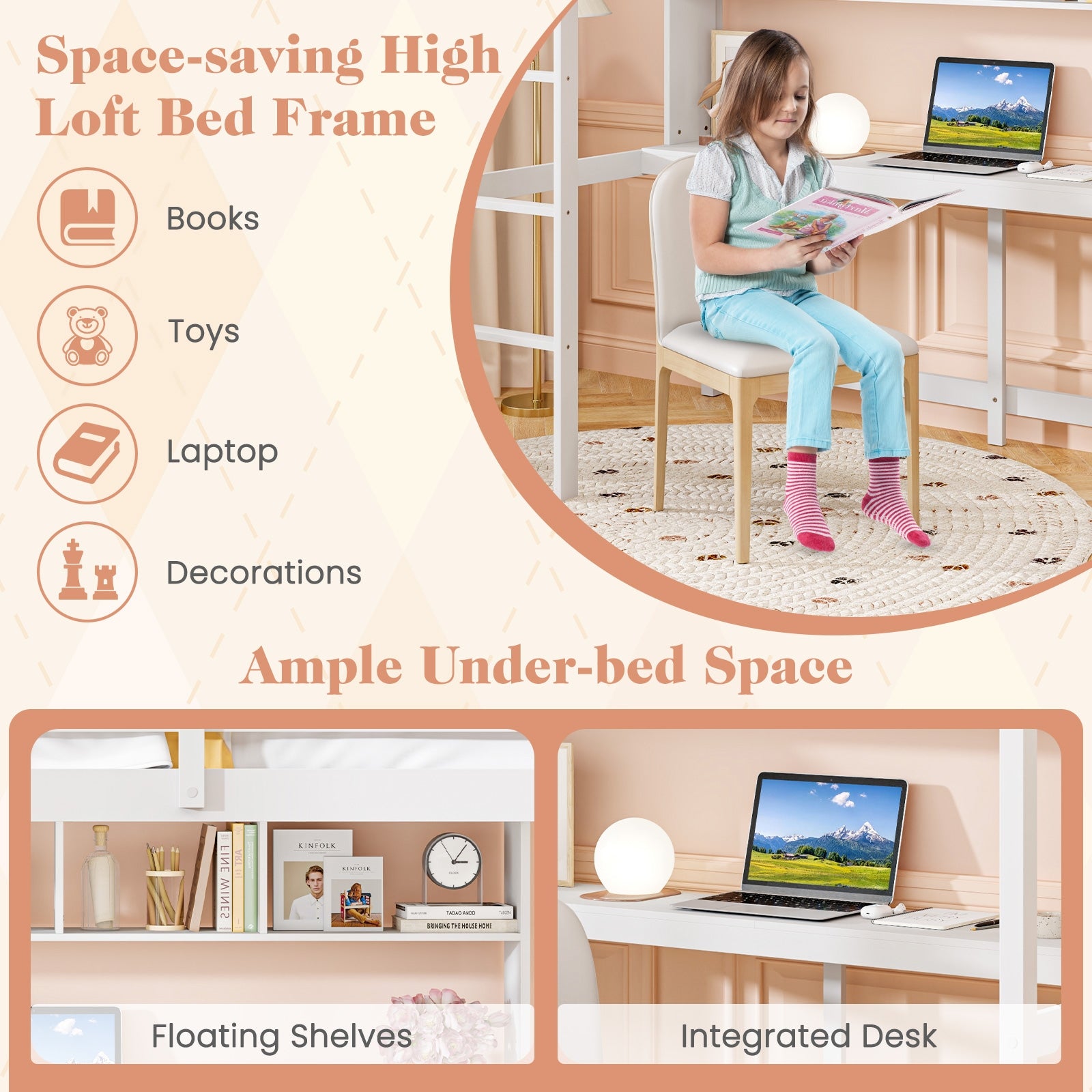 Twin Size Loft Bed with Desk and Shelves for Home Dorm Apartment No Box Spring Needed, White Simple Bed Frame at Gallery Canada