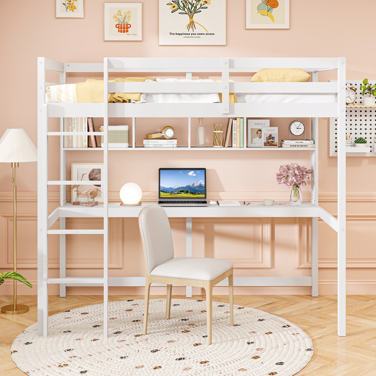 Twin Size Loft Bed with Desk and Shelves for Home Dorm Apartment No Box Spring Needed, White Simple Bed Frame at Gallery Canada