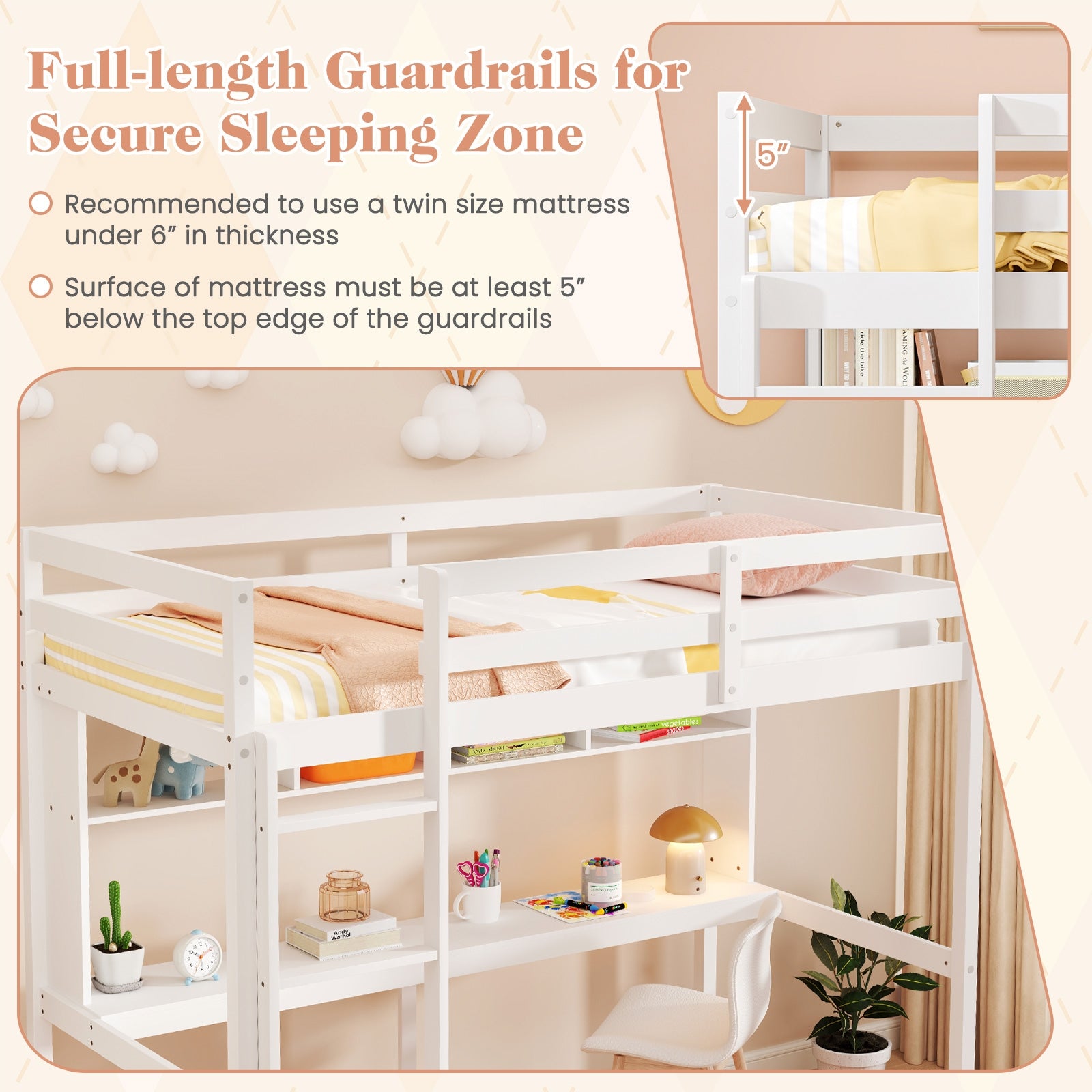 Twin Size Loft Bed with Desk and Shelves for Home Dorm Apartment No Box Spring Needed, White Simple Bed Frame at Gallery Canada