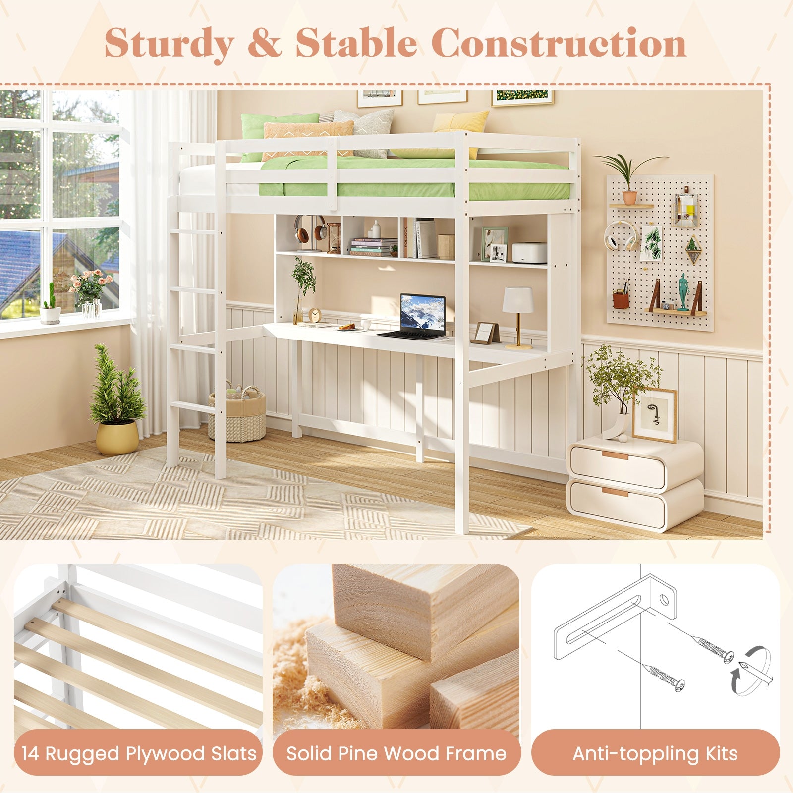 Twin Size Loft Bed with Desk and Shelves for Home Dorm Apartment No Box Spring Needed, White Simple Bed Frame at Gallery Canada