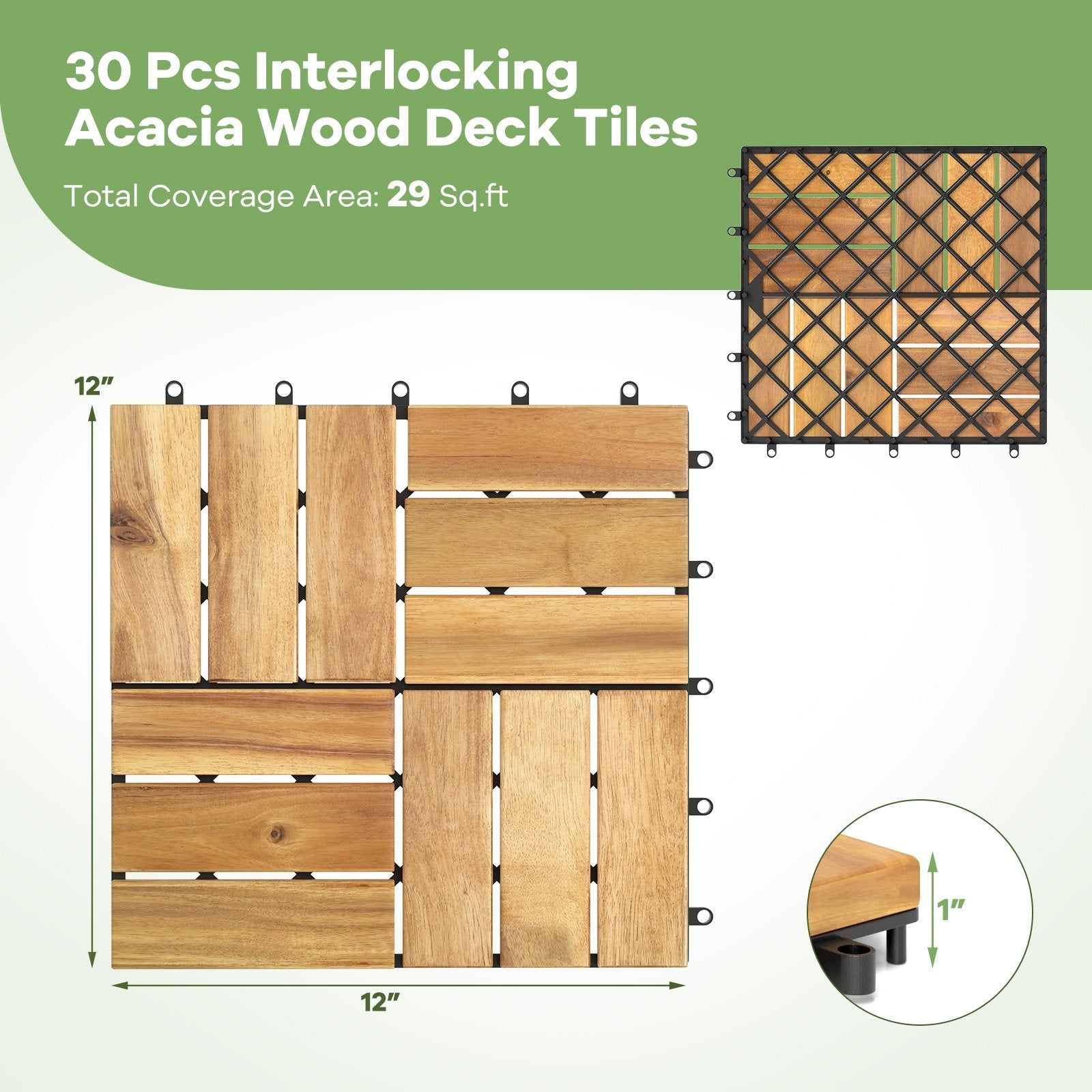 Pack of 30 Acacia Wood Interlocking Deck Tiles, Brown Decorative Fencing & Flooring at Gallery Canada