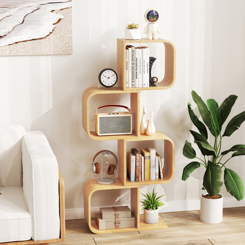 4-Tier S-Shaped Bamboo Bookcase with 4 Open Cubes for Living Room, Natural
