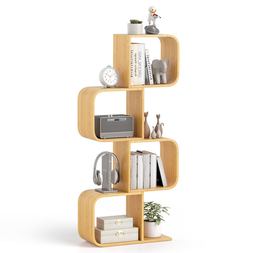 4-Tier S-Shaped Bamboo Bookcase with 4 Open Cubes for Living Room, Natural