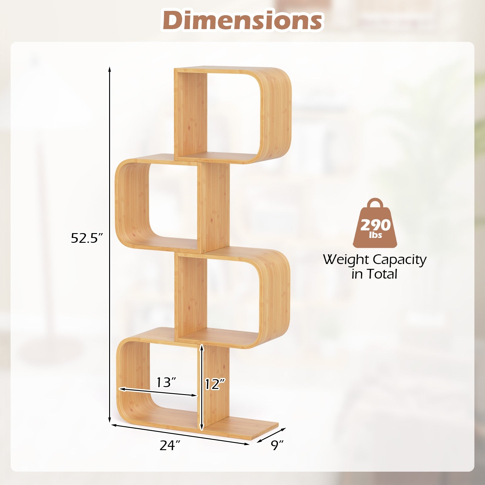 4-Tier S-Shaped Bamboo Bookcase with 4 Open Cubes for Living Room, Natural Bookcases at Gallery Canada