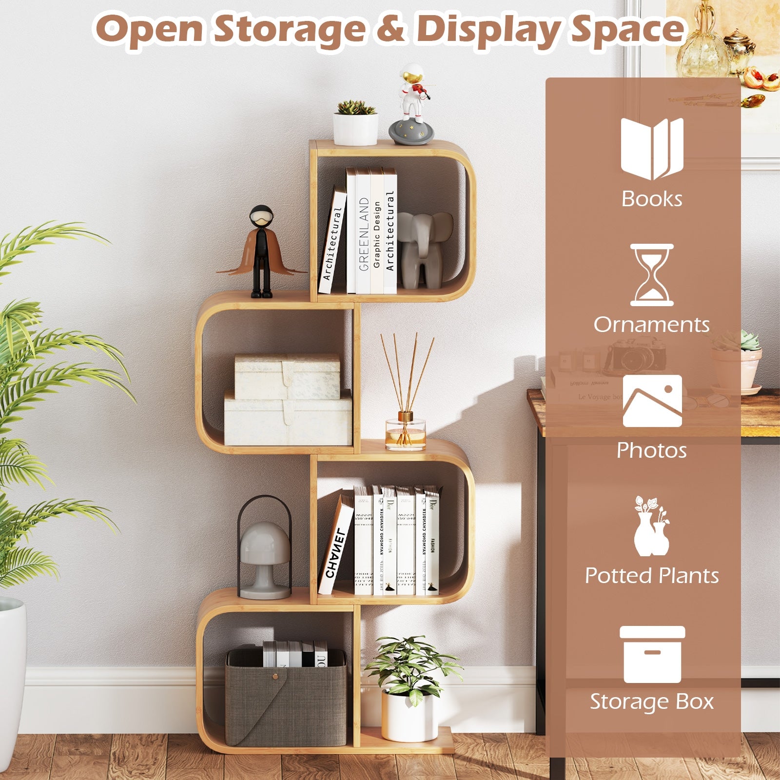 4-Tier S-Shaped Bamboo Bookcase with 4 Open Cubes for Living Room, Natural Bookcases at Gallery Canada