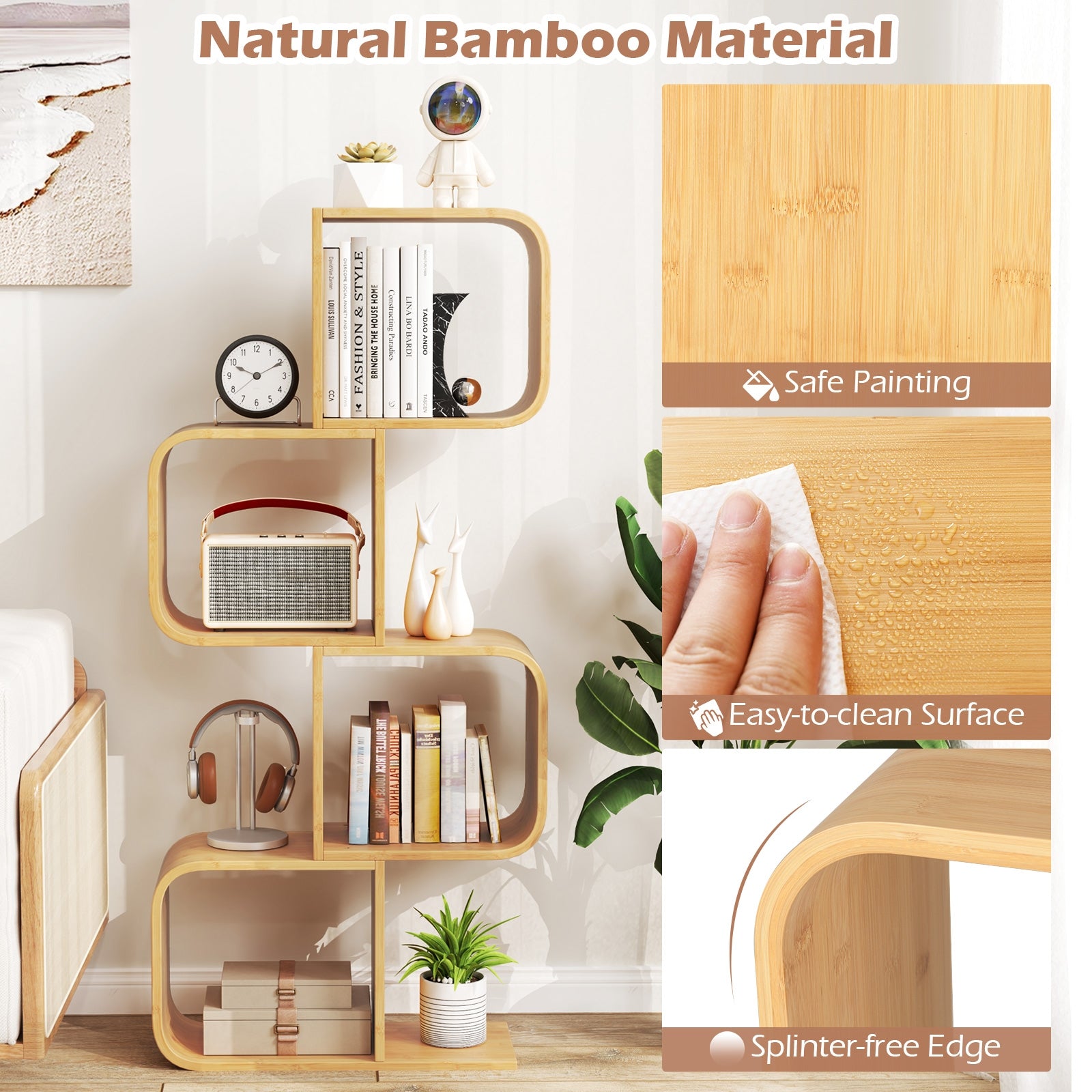 4-Tier S-Shaped Bamboo Bookcase with 4 Open Cubes for Living Room, Natural Bookcases at Gallery Canada