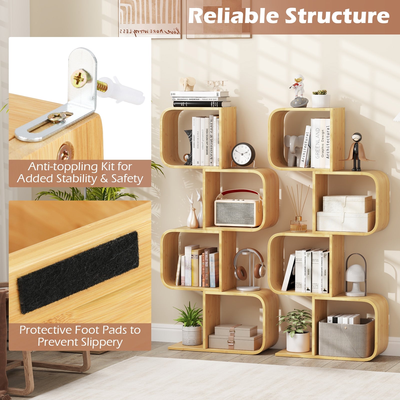4-Tier S-Shaped Bamboo Bookcase with 4 Open Cubes for Living Room, Natural Bookcases at Gallery Canada