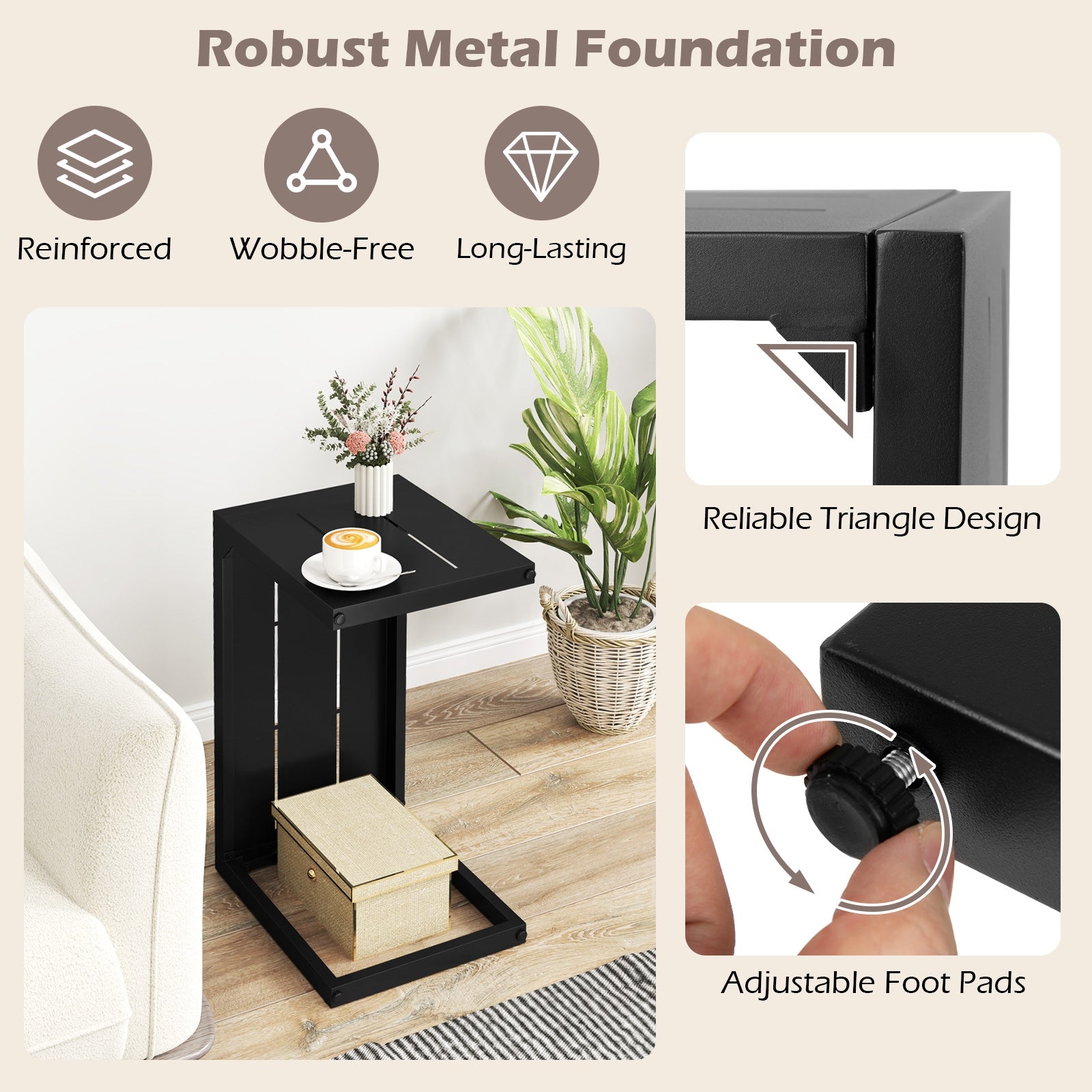 Set of 2 C-Shaped End Table with Adjustable Foot Pads for Indoors Outdoors, Black End & Side Tables at Gallery Canada