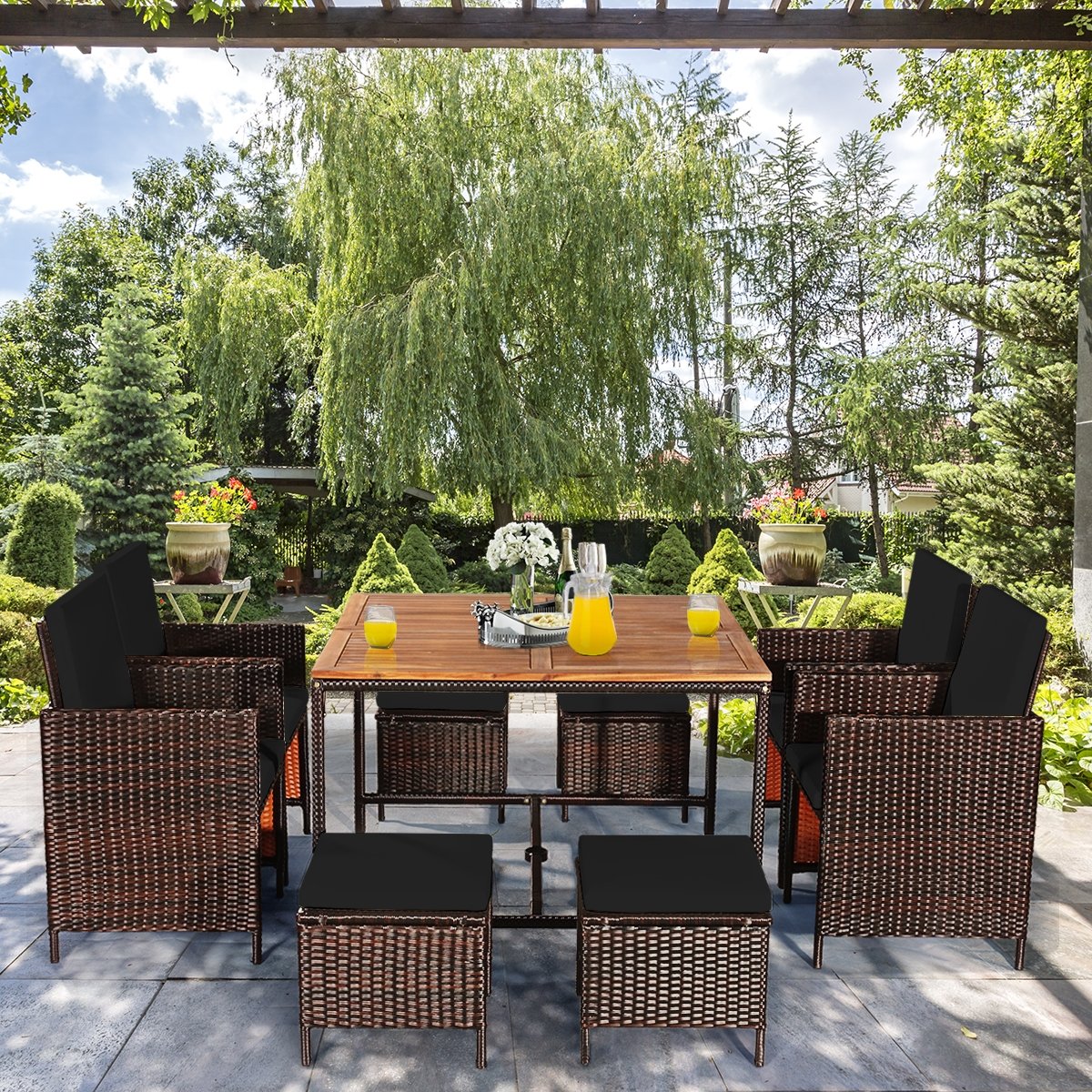 9 Pieces Patio Rattan Dining Cushioned Chairs Set, Black Patio Dining Sets at Gallery Canada