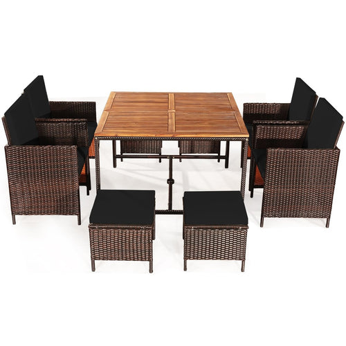 9 Pieces Patio Rattan Dining Cushioned Chairs Set, Black