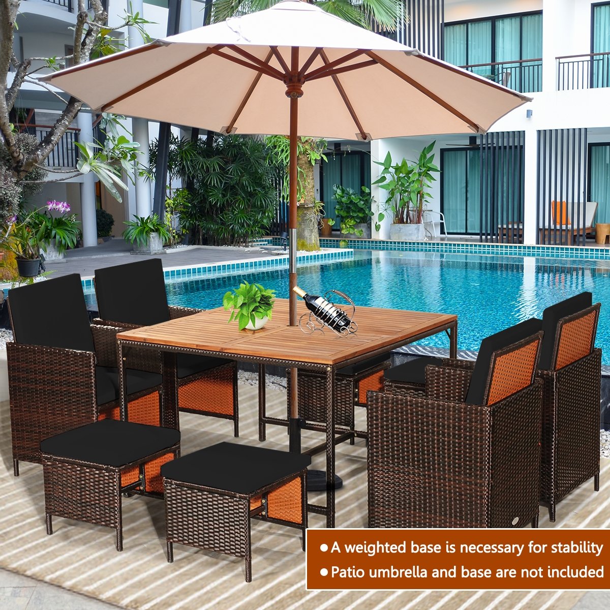 9 Pieces Patio Rattan Dining Cushioned Chairs Set, Black Patio Dining Sets at Gallery Canada