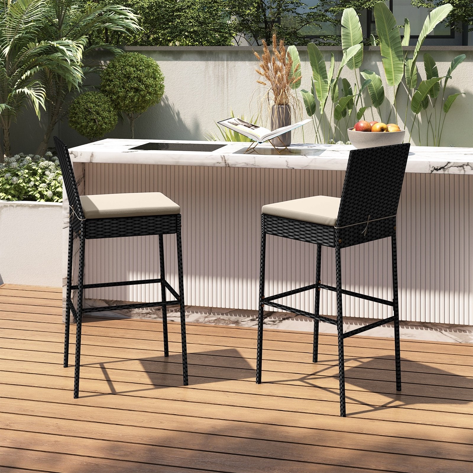 Patio Wicker Barstools Set of 2 with Footrest and Backrest for Backyard Patio Bar Furniture at Gallery Canada